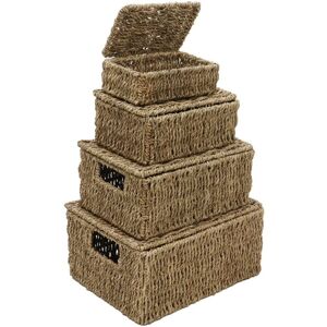 JVL - Hand Woven Seagrass Set of 4, Rectangular Lidded Storage Baskets JVL - Hand Woven Seagrass Set of 4, Rectangular Lidded Storage Baskets