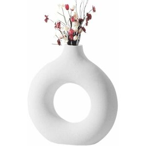 DEWDAT Modern Nordic Style Ceramic Vase Round Shape Donut Design Hollow Round Beige White Ceramic Vase Ceramic Flower Vase for Decorating Living Room DEWDAT Modern Nordic Style Ceramic Vase Round Shape Donut Design Hollow Round Beige White Ceramic Vase Ceramic Flower Vase for Decorating Living Room