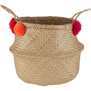 Premier Housewares - Small Natural Seagrass Pom Pom Basket Decorative Storage Basket With Red and Orange Pom Poms Baskets With Handles w30 x d30 x Premier Housewares - Small Natural Seagrass Pom Pom Basket Decorative Storage Basket With Red and Orange Pom Poms Baskets With Handles w30 x d30 x