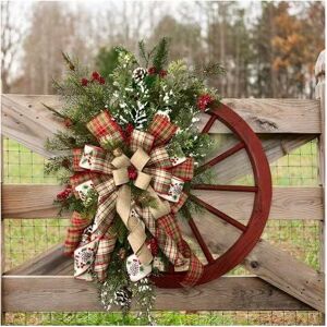 COAVAS Red Wagon Wheel Wreath with Ribbons, Pine Berries Vintage Farmhouse Wreath for Front Door Christmas Decorations Wreath for Exterior Window Winter COAVAS Red Wagon Wheel Wreath with Ribbons, Pine Berries Vintage Farmhouse Wreath for Front Door Christmas Decorations Wreath for Exterior Window Winter