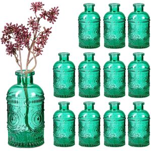 Relaxdays - Glass Vase, Set of 12, for Table Decor, Vintage Design, h: 13x6 cm, Decorative Mini Bottles for Flowers, Green Relaxdays - Glass Vase, Set of 12, for Table Decor, Vintage Design, h: 13x6 cm, Decorative Mini Bottles for Flowers, Green