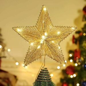 DEWDAT Star Christmas Tree Topper, Metal Glitter Star Treetop Tree Topper, 5 Pointed Star Decoration with led Light Garland for Christmas Tree, Pentagram DEWDAT Star Christmas Tree Topper, Metal Glitter Star Treetop Tree Topper, 5 Pointed Star Decoration with led Light Garland for Christmas Tree, Pentagram