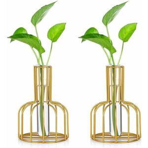 TRIMEC Station de propagation en verre avec cadre en métal, lot de 2 vases à fleurs en or, vase en tube à essai pour plante hydroponique, petit vase à TRIMEC Station de propagation en verre avec cadre en métal, lot de 2 vases à fleurs en or, vase en tube à essai pour plante hydroponique, petit vase à