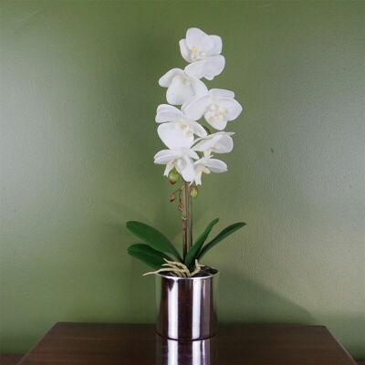 Leaf 46cm Artificial Orchid White with Silver Pot - Artificial Orchid Leaf 46cm Artificial Orchid White with Silver Pot - Artificial Orchid