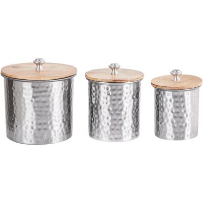 Beliani Set of 3 Silver Aluminum Storage Containers with Wooden Lids - Storage Beliani Set of 3 Silver Aluminum Storage Containers with Wooden Lids - Storage
