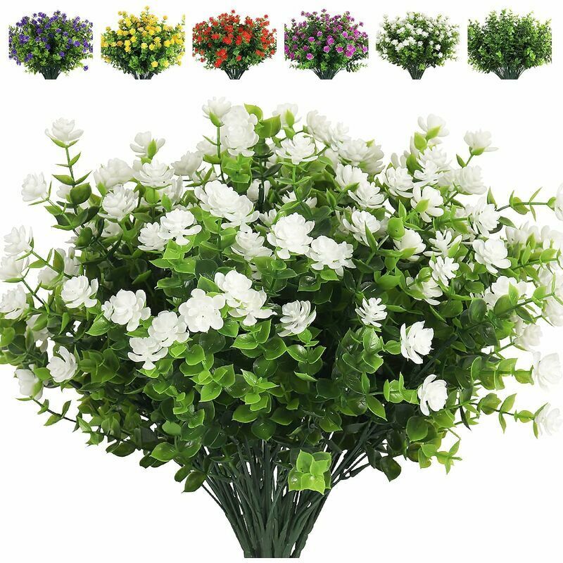 Hoopzi - 8 Pieces Artificial Flower Plastic Outdoor uv Resistant Plant Artificial Outdoor Eucalyptus Plant Home Garden Party Wedding Decoration