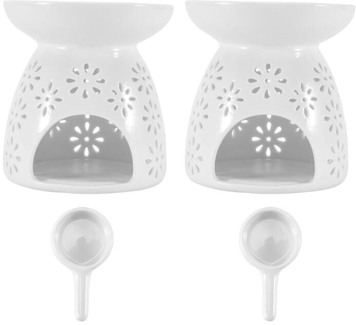 TLILY Ceramic Tealight Candle Holder Oil Burner, Essential Oil Incense Aroma Diffuser Furnace Home Decoration Romantic White Set Of 2 - Floral Pattern