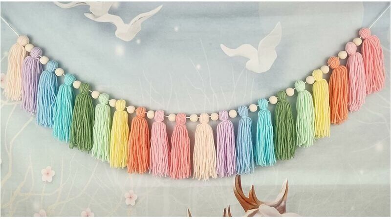 DEWDAT Garland, Rainbow Pompom Garland Room Decor with Wooden Beads Colorful Garland for Girls Bedroom Wall Classroom Parenting Party Nursery Birthday Baby