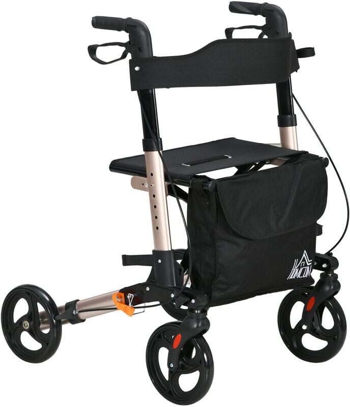 Homcom - Adjustable 4 Wheel Rollator w/ Seat Bag Folding Mobility Walker Gold