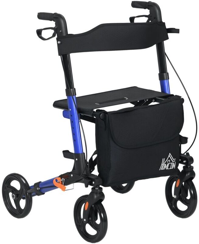 Homcom - Adjustable 4 Wheel Rollator w/ Seat Bag Folding Mobility Walker Blue