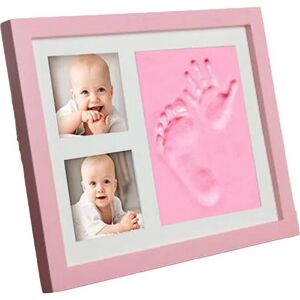 NEIGE Baby Foot and Handprint Kit - Wooden Frame, Acrylic Glass, Support for 2 Photos - Gift Idea for Children, New Moms and Dads (pink frame)