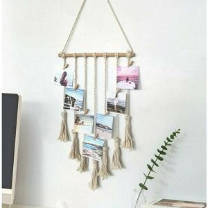 HOOPZI Hanging Photo Display, Handmade Macrame Tassel Hanging Pictures Organizer Boho Home Decor, diy with 25 Wood Clips (Beige)