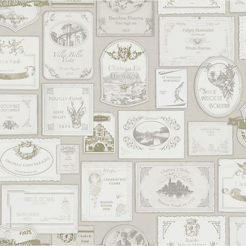 Wine Labels Vintage French Beige Cream Paste The Wall Wallpaper - Grandeco