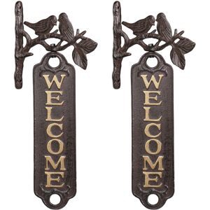 Set of 2 Door Welcome Signs, Birds, Cast Iron Greeting Plaque, Vintage Garden Wall Décor, 39.5 cm, Brown/Gold - Relaxdays