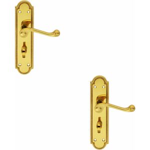 Loops - 2x pair Reeded Scroll Lever on Shaped Bathroom Backplate 205 x 49mm Brass