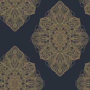 Henna Navy Blue Gold Damask Wallpaper Metallic Shimmer Ornamental - Arthouse