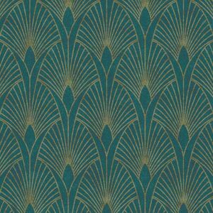 A.S. CREATIONS A.s Creation Art Deco Fan Teal Metallic Gold Wallpaper Textured Vinyl