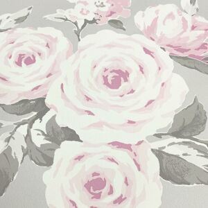 Canterbury Floral Grey & Pink Wallpaper Contemporary Floral Design - Gret & Pink - Catherine Lansfield