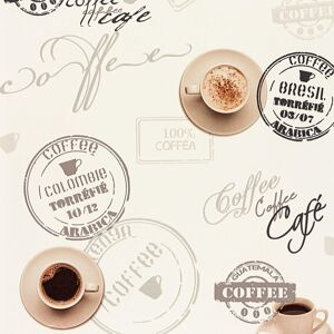 A.S. CREATIONS Coffee Cup Wallpaper Off White Beige Typography Script Kitchen Washable Vinyl