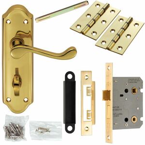 Loops - Door Handle & Bathroom Lock Pack Brass Victorian Scroll Lever Turn Backplate