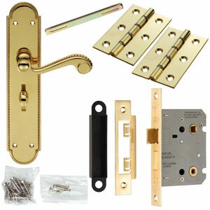 Loops - Door Handle & Bathroom Lock Pack Brass Victorian Scroll Lever Turn Backplate