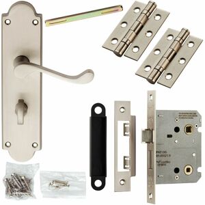 LOOPS Door Handle & Bathroom Lock Pack Satin Chrome Victorian Scroll Ornate Backplate