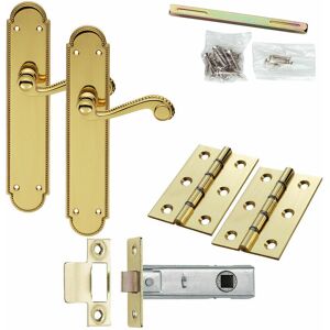 Loops - Door Handle & Latch Pack Brass Victorian Scroll Lever Round Beaded Backplate
