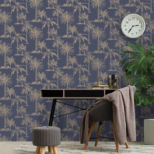 BERKFIELD HOME Dutch wallcoverings Wallpaper Tropical Trees Navy Blue and Silver