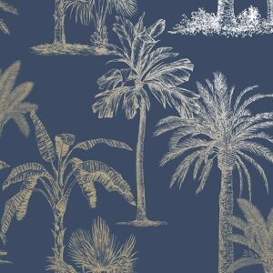 Wallpaper Tropical Trees Navy Blue and Silver Dutch Wallcoverings Blue