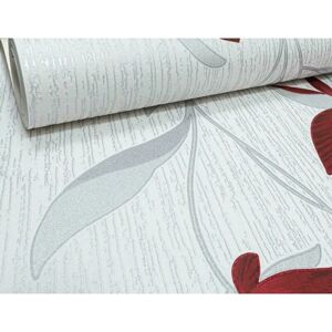 White Silver Red Floral Metallic Shimmer Glitter Textured Wallpaper - White Red - Erismann