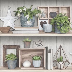 GRANDECO Rustic Shelf Potted Plants Wallpaper Floral Green Grey Brown Paste Wall Vinyl