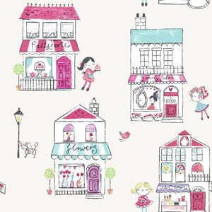 Holden Decor - Girls Cream Pink Floral Animal Shop Front Wallpaper Children's Holden Boutique