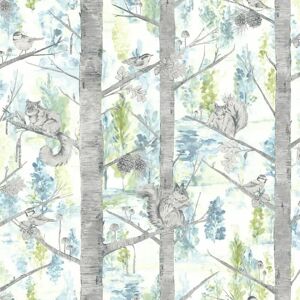 HOLDEN Teal Woodland Tree Wallpaper Metallic Squirrel Birds Green Non-Woven Grizedale