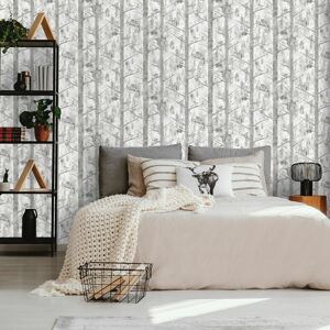 HOLDEN Grey Woodland Trees Wallpaper Silver Metallic Squirrel Birds Non-Woven Grizedale