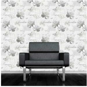 Botanical Garden Wallpaper Silver Grey Script Floral Butterfly Rose Light - Muriva