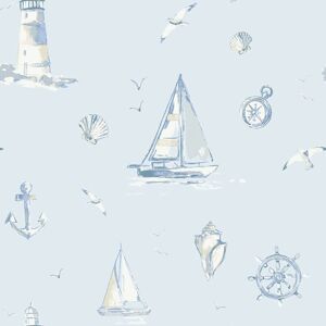 Nautical Blue Wallpaper Grandeco White Kids Children Bedroom Boats Birds Shells