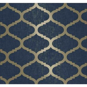 MURIVA Navy Blue Metallic Gold Trellis Geometric Textured Feature Wallpaper M24211[FULL roll - Navy Gold Trellis M24211]