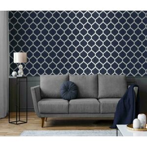 MURIVA Navy Blue Metallic Silver Geometric Trellis Textured Feature Wallpaper[FULL roll - Navy Silver Trellis M24201]