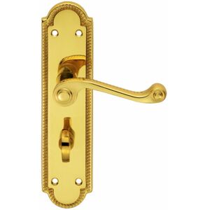 LOOPS PAIR Reeded Scroll Lever on Shaped Bathroom Backplate 205 x 49mm Polished Brass