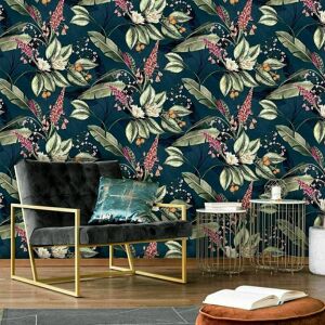 BELGRAVIA DECOR Belgravia Paradise Garden Tropical Jungle Floral Navy Green Cream Pink Wallpaper