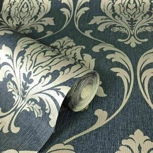 Highgrove Navy Metallic Gold Floral Damask Feature Wallpaper 274997 - Navy, Gold - Rasch