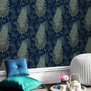 Portfolio Peacock Feathers Bird Feature Navy Blue Metallic Gold Wallpaper - Rasch