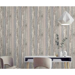 GRANDECO Rustic Distressed Elm Wood Plank Effect Light Pink Grey Realistic Wallpaper