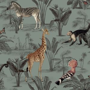 Nina Home Wallpapers - Vintage Zoo Wallpaper Nina Home Animal Print Monkey Butterfly Blue Grey