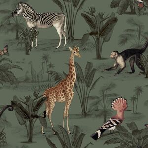 Nina Home Wallpapers - Vintage Zoo Wallpaper Nina Home Animal Print Monkey Butterfly Green