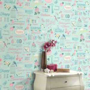 New Rasch Vintage Girls Kids Room Wallpaper Duck Egg/Pink Wallpaper 216714 - Pink