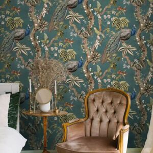 Holden - Aqua Blue Peacock Wallpaper Green Woods Floral Design Mulit Birds Feature Wall Holden - Aqua Blue Peacock Wallpaper Green Woods Floral Design Mulit Birds Feature Wall