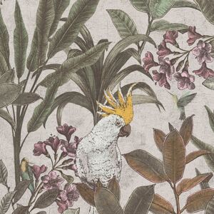 Profhome - Birds wallpaper wall 397484 hot embossed non-woven wallpaper slightly textured with jungle elements matt green cream pink yellow 5.33 m2 Profhome - Birds wallpaper wall 397484 hot embossed non-woven wallpaper slightly textured with jungle elements matt green cream pink yellow 5.33 m2