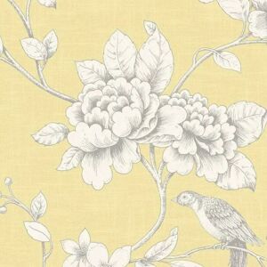 Grandeco - Ellis Yellow Wallpaper Floral Birds Linen Effect Metallic Grandeco - Ellis Yellow Wallpaper Floral Birds Linen Effect Metallic