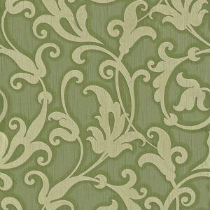 Profhome 954904-GU Textile Wallpaper - Baroque Pattern - Green Profhome 954904-GU Textile Wallpaper - Baroque Pattern - Green